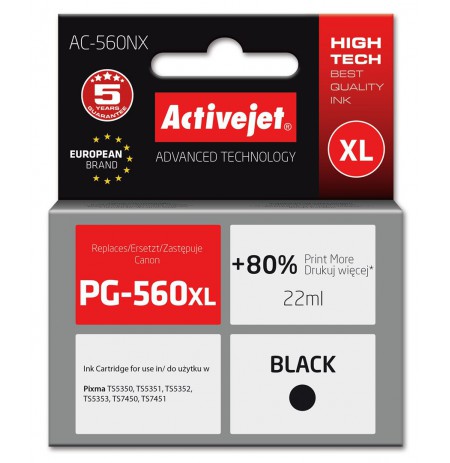 Activejet AC-560NX Printer Ink for Brother, Replacement Canon PG-560XL, Supreme, 22 ml, black