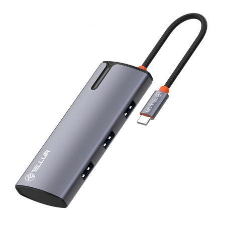 Tellur USB-C hub, PD 3.0 100W, HDMI, 3xUSB 3.0 grey